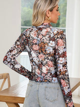 Floral Mesh Long Sleeve High Neck Sheath Blouse