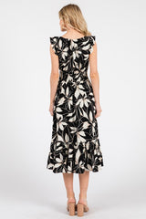 Sol Escape Black & Cream Tropical Flower Print Ruffle Sleeve Midi Dress w/Smocked Waist and Pockets