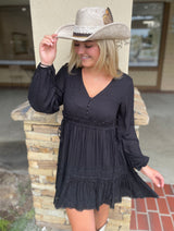 Boho Black V-Neck Tiered Dress w/Adjustable Ties on Waist