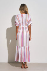 White & Pink Sparkly Multi-Stripe Maxi Dress w/Tie Waist by Elan