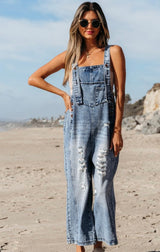 Distressed Denim Bib Overalls, Wide Leg and Adjustable Button Straps