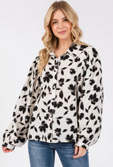 Ivory & Black Leaf Print Button Down Blouse