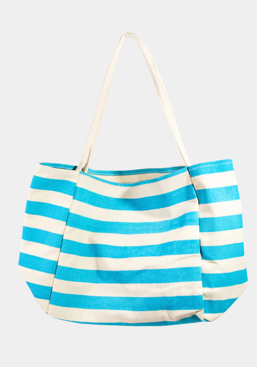 Turquoise & White Stripe Large Tote Bag w/Inner Pocket