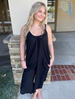 Black Wide Leg Midi Sleeveless Jumper w/Pockets