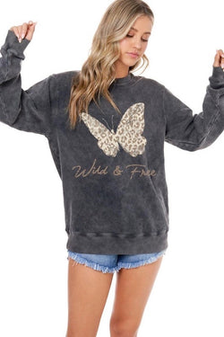Wild & Free Leopard Print Butterfly Black Mineral Washed Relaxed Fit Graphic Sweater