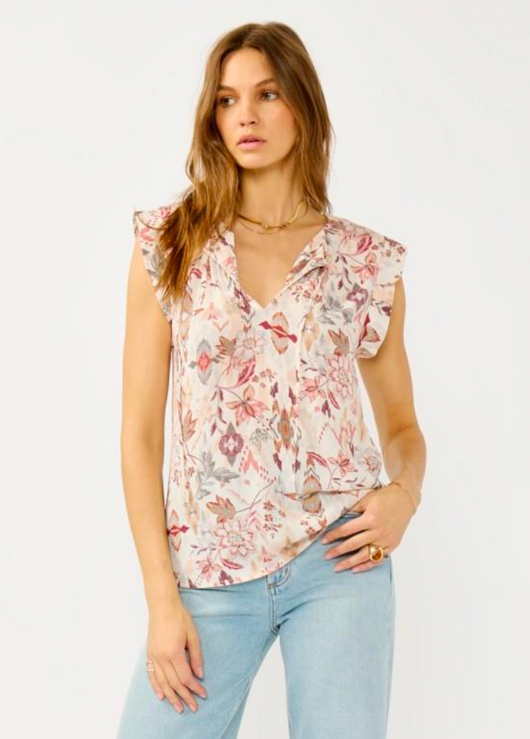 Natural, Rust & Dusty Blue Floral Design Split Neck w/Tie Top by Lovestitch