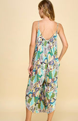 Blue Tropical Print Wide Leg Midi Sleeveless Jumper w/Pockets