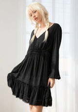 Boho Black V-Neck Tiered Dress w/Adjustable Ties on Waist