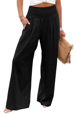 Black Shirred Wide Leg Smocked Waist Plus Size Pants w/Pockets