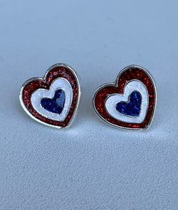 Red, White & Blue Sparkly Heart Silver Post Earrings