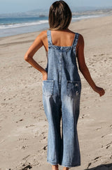 Distressed Denim Bib Overalls, Wide Leg and Adjustable Button Straps
