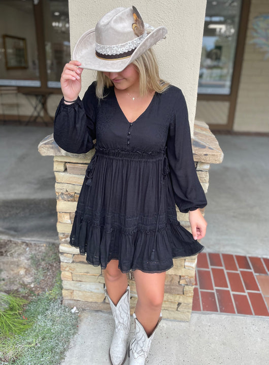 Boho Black V-Neck Tiered Dress w/Adjustable Ties on Waist