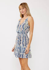 Annabel Blue & Natural Print Surplice Smocked Waist Mini Flowy Dress