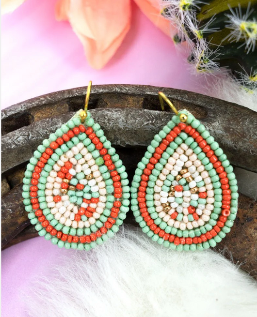 San Jose Turquoise & Coral Seed Bead Teardrop Fishhook Earrings