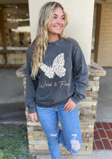 Wild & Free Leopard Print Butterfly Black Mineral Washed Relaxed Fit Graphic Sweater
