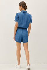 The Ella Medium Denim Wash Tencel Short Sleeve Shorts Jumper w/Pockets & Drawstring Waist