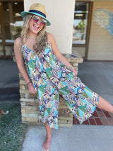Blue Tropical Print Wide Leg Midi Sleeveless Jumper w/Pockets