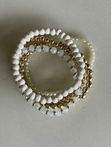 White & Gold Set of 5 Glass and Wood Stretch Beaded Bracelets