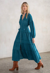 Rustic Teal Tiered Dress, Smock Waist w/Lattice Trim Maxi Dress