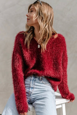 Merlot V-Neck Shoulder Cut-Out Fuzzy Sweater