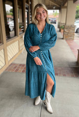 Rustic Teal Tiered Dress, Smock Waist w/Lattice Trim Maxi Dress