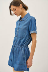 The Ella Medium Denim Wash Tencel Short Sleeve Shorts Jumper w/Pockets & Drawstring Waist