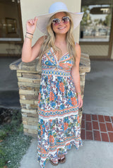 French Peach & Teal Floral Print Twist V-Neck W/Cut Out Maxi Dress by Angie