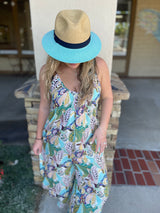 Blue Tropical Print Wide Leg Midi Sleeveless Jumper w/Pockets