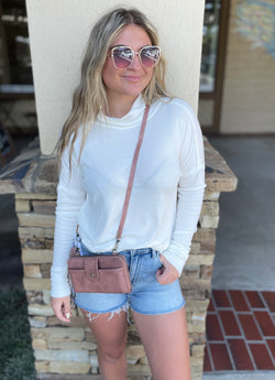 Off White Lightweight Raw Edge Long Sleeve Top w/Mock Turtleneck