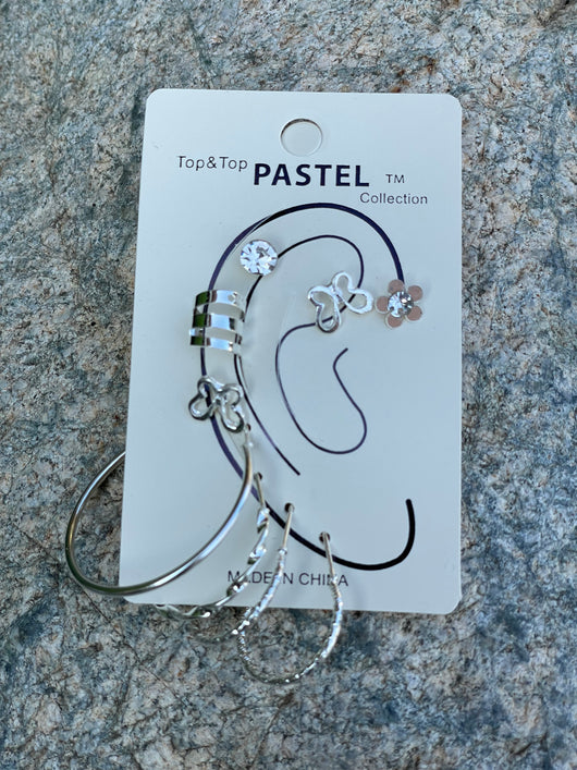 Blossom Set of 9 Silver Earrings, Ear Cuff & Hoops