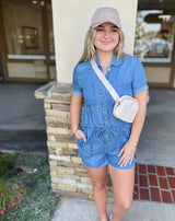 The Ella Medium Denim Wash Tencel Short Sleeve Shorts Jumper w/Pockets & Drawstring Waist