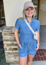 The Ella Medium Denim Wash Tencel Short Sleeve Shorts Jumper w/Pockets & Drawstring Waist