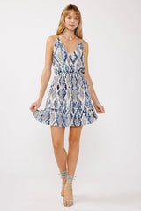 Annabel Blue & Natural Print Surplice Smocked Waist Mini Flowy Dress