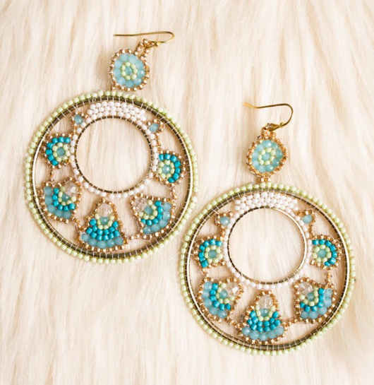 Cozumel Mint & Gold Seed Bead Large Hoopie Fishhook Earrings