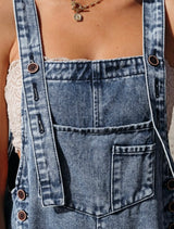 Distressed Denim Bib Overalls, Wide Leg and Adjustable Button Straps