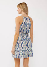 Annabel Blue & Natural Print Surplice Smocked Waist Mini Flowy Dress