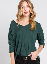 Hunter Green Thermal V-Neck Long Sleeve Top
