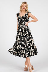 Sol Escape Black & Cream Tropical Flower Print Ruffle Sleeve Midi Dress w/Smocked Waist and Pockets