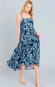 Navy Tropical Floral Print Midi Tank Dress w/Pockets