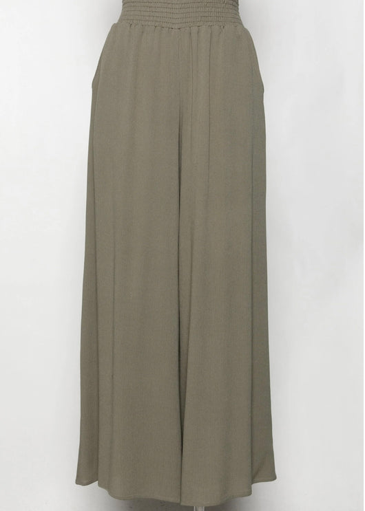 Vintage Olive Green Smocked Waist Wide Leg Pants w/Pockets