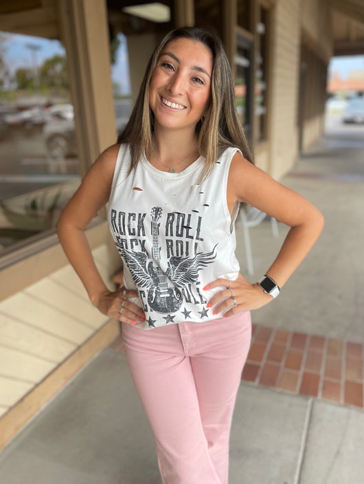 Rock N Roll Guitar Wings Vintage White Distressed Graphic Tank