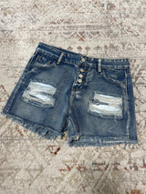 Distressed Blue Denim Button Up Jean Shorts