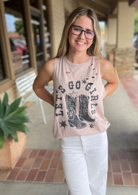 Let’s Go Girls Champagne Distressed Graphic Tank