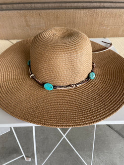 Tan Sun Hat w/Turquoise Beads, Chain & Rope Band and Adjustable Fit