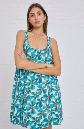 Teal Flower Print Mini Dress w/Criss Cross Back Detail & Pockets