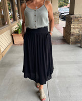 Black Textured Midi Skirt with Smocked Waistband, Round Hem & Pockets