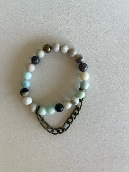 Natural & Blue Handmade Beaded Bracelet w/Brass Chain