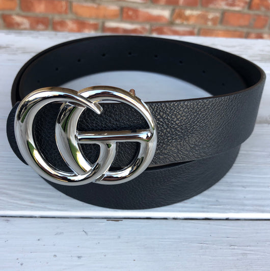 Black Faux Leather “GO” Silver Buckle Belt