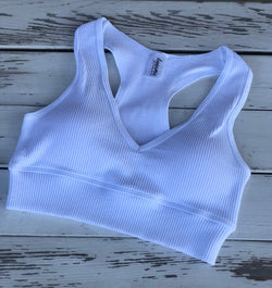 White Seamless Ribbed OS Sports Bralette with Racerback & Removable Padding