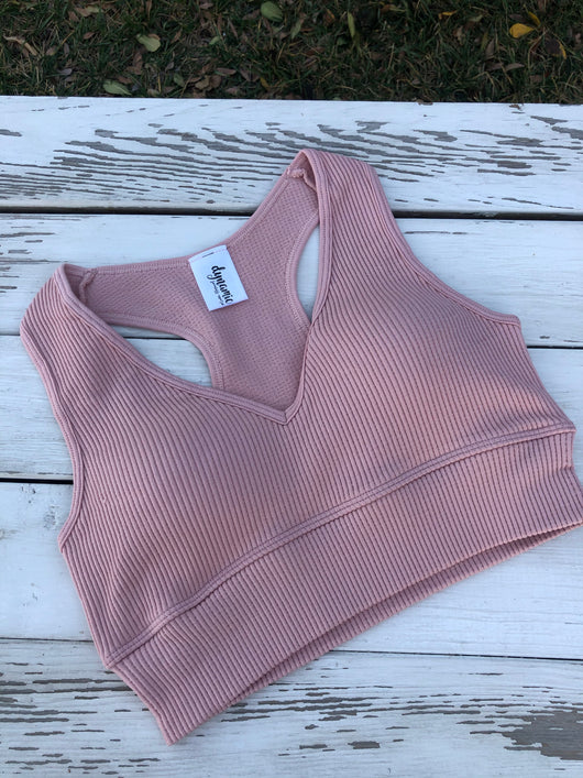 Rose Pink Ribbed Sports Bralette with Racerback & Removable Padding OS